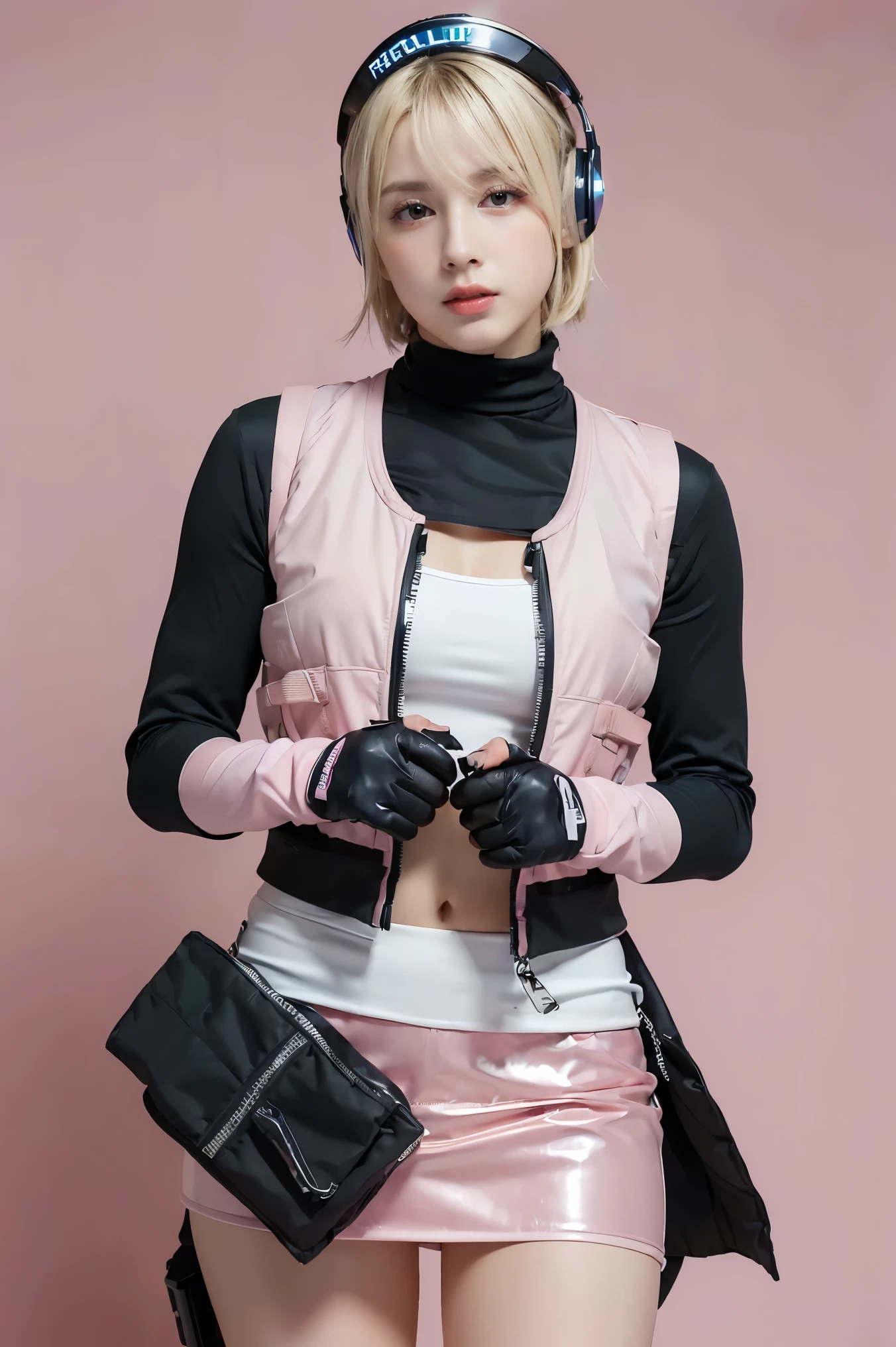 1 woman, (Highest quality, Ultra high resolution, realistic: 1.4), (cowboy shoot:1), 1 beautiful girl, (kpop idols), detailed face, (Gradient Hairstyle: Blonde:0.6 money:0.4, Full bang, Short Hair Style:1), opposite, perfect anatomy, Smooth skin, professional lighting, ((Wearing a futuristic police racing suit., Low cut mini skirt, Police badge, Pink high-tech headphones, Military-grade bulletproof vest, Racing gloves, Holding a gun with both hands.)), (The color of the fabric depends on the pink color., money, red, black.), (background, background),