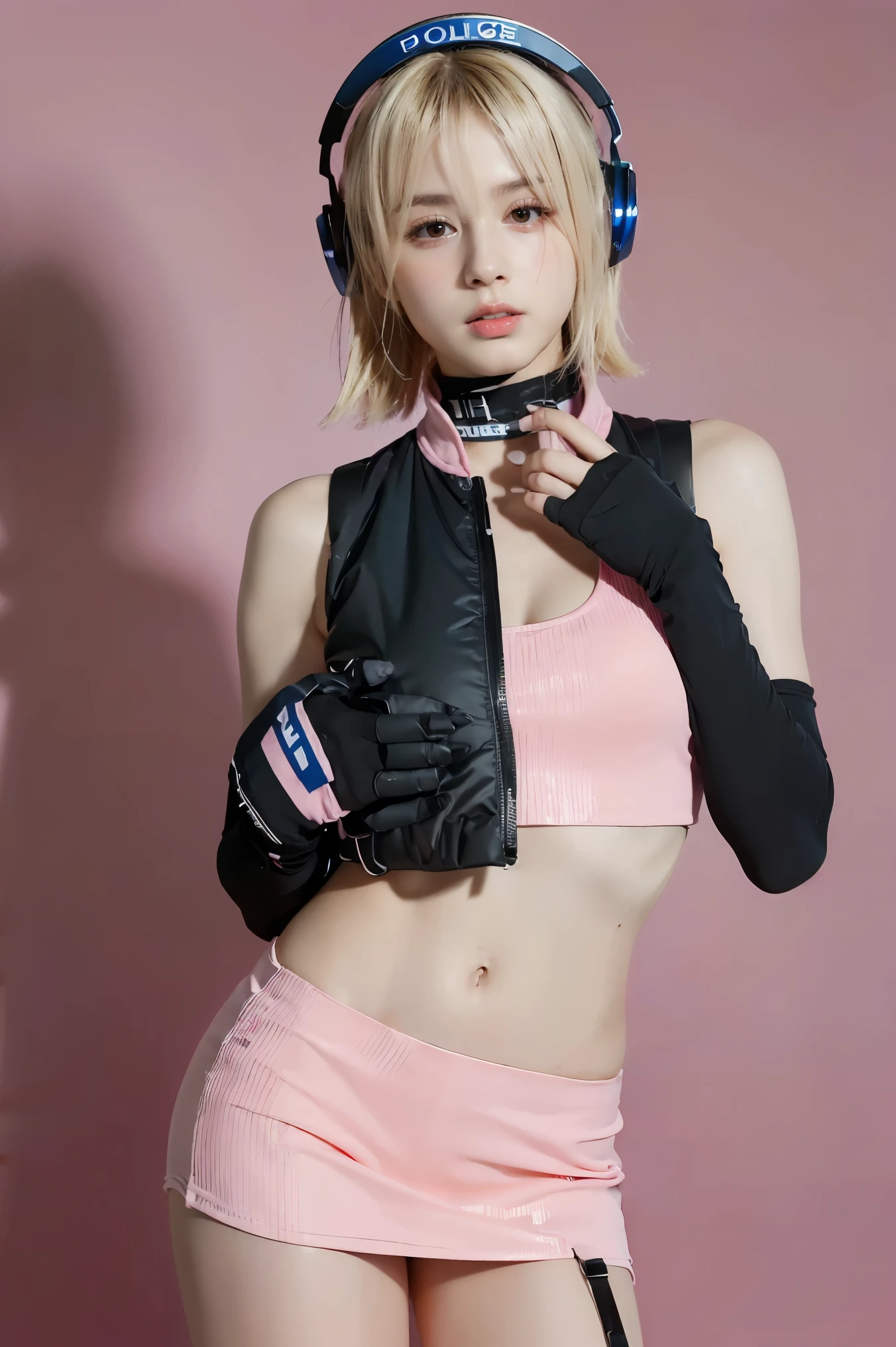 1 woman, (Highest quality, Ultra high resolution, realistic: 1.4), (cowboy shoot:1), 1 beautiful girl, (kpop idols), detailed face, (Gradient Hairstyle: Blonde:0.6 money:0.4, Full bang, Short Hair Style:1), opposite, perfect anatomy, Smooth skin, professional lighting, ((Wearing a futuristic police racing suit., Low cut mini skirt, Police badge, Pink high-tech headphones, Military-grade bulletproof vest, Racing gloves, Holding a gun with both hands.)), (The color of the fabric depends on the pink color., money, red, black.), (background, background),