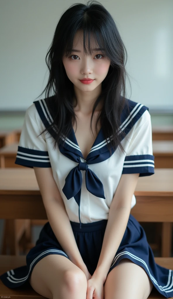 ((Breast enlargement)), (masterpiece, Highest quality:1.2), 8K, Young and beautiful girl, 85mm,Official AR RAW Photos, (Baby Face), ((Small face)), (((Super big breasts))), Detailed nipples, Show me your ears、photo shoot, Cute face, Thighs, Classroom after school, Looking at the audience, Embarrassing、smile、No makeup, Film Grain, chromatic aberration, Sharp focus, Face Light, Bright lighting, 10 generations, Detailed face, Background blur、((((((14 year old high school girl))))))、Narrow waist, ((Sailor suit, Navy Pleated Skirt)), (White tiny panties), Sit with your hands on your knees