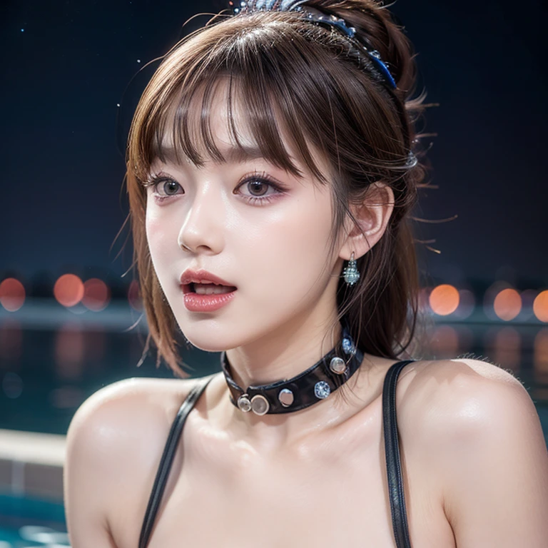 (Canon RF85mm f/1.2,best quality,Reality:1.4,light),Skin texture,Shiny),(necklace,earrings),Smile,Dynamic poses,((Representative works))((Best quality)),80s DBA style,girl,single,Long hair,Looking at the audience,Bangs,Bare shoulders,Keep your mouth shut,Upper Body,Ponytail,Black hair,Lips,Colorful clothes,Transparent Clothes,Science fiction,Cyberpunk clothes