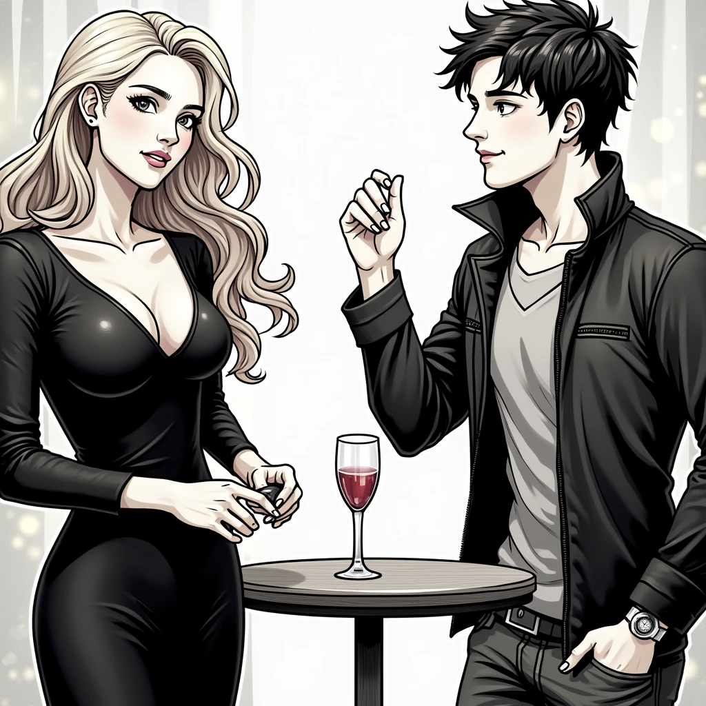 A beautiful woman is lying down talking to a young man on a half-covered bed.