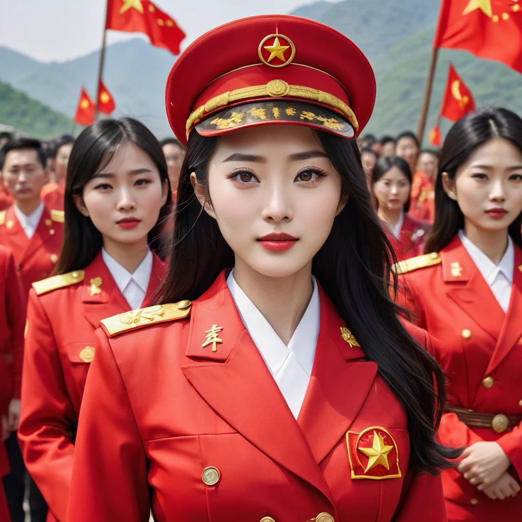 ((Highest quality)), ((masterpiece)), (detailed), （Perfect Face）、The woman is Satomi Ishihara, with black hair and a gorgeous, beautiful custom-made red Communist uniform, becoming a member of the Chinese Communist Party, a woman for China, and pledging loyalty to the country.、The woman was honored to be selected into a select group of beautiful female members of the Chinese Communist Party.、The women were publicly acclaimed as the most beautiful women&#39;s group in the world by the Chinese Communist Party at the Communist Party meeting.々The exhibition showed the world the greatness of China.