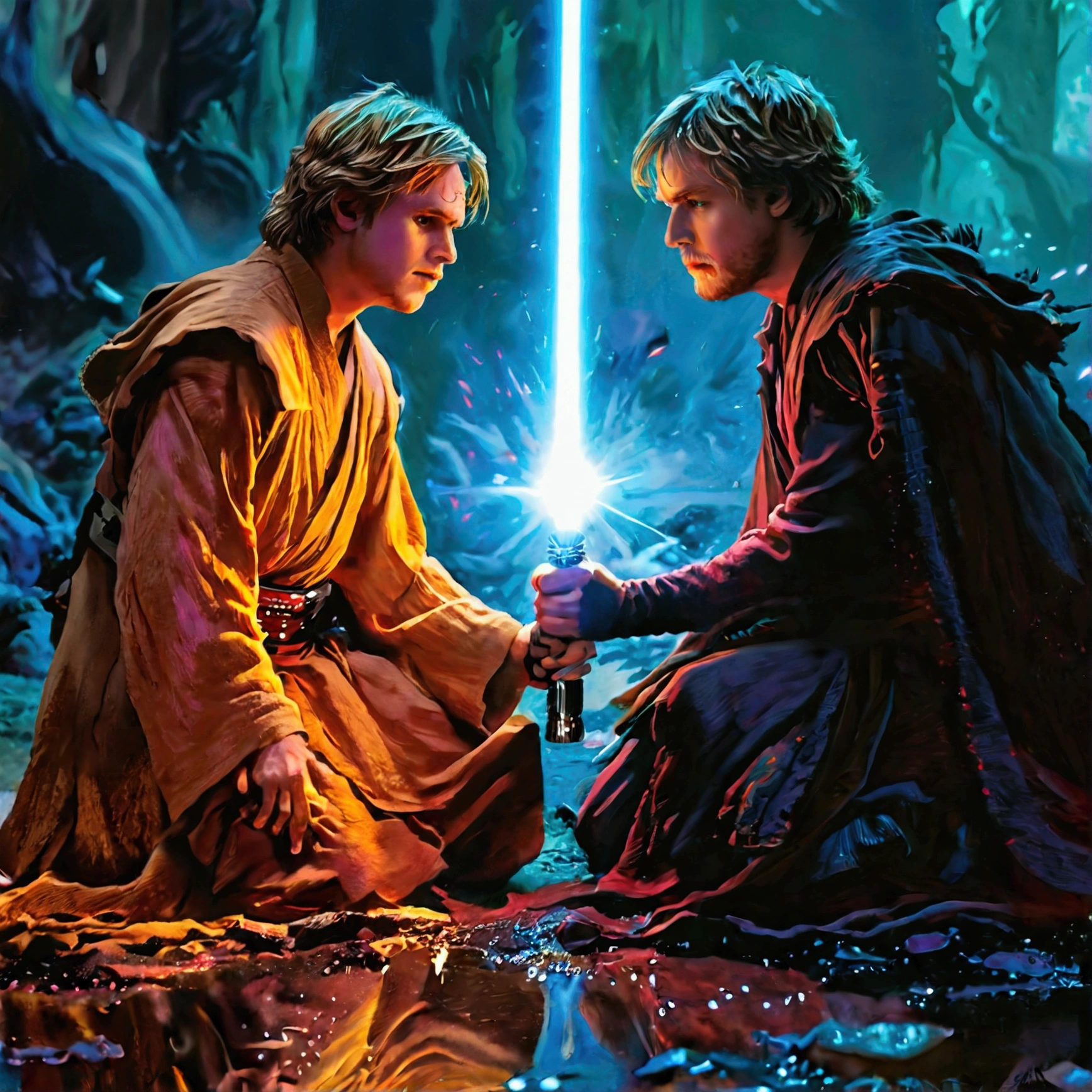 Star Wars : Duel of the Fates, Anakin Skywalker and Obi-Wan Kenobi fighting, action pose 