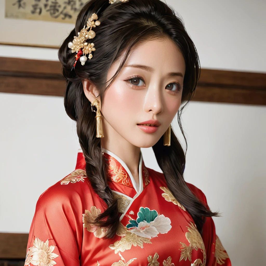 ((Highest quality)), ((masterpiece)), (detailed), （Perfect Face）、The woman is Satomi Ishihara, with black hair, large breasts and beautiful proportions.、The woman is wearing a red long-slit cheongsam with gorgeous gold embroidery and trim, and is adorned with luxurious accessories.、Her hair is styled in a Chinese style.、The woman becomes the wife of a great Chinese man, has Chinese nationality, and lives a wealthy life with the man. She feels happy to be Chinese.、A woman is embracing and kissing her beloved Chinese man、A loving couple never leaves each other, always stays close to each other, seeks each other, and loves each other.