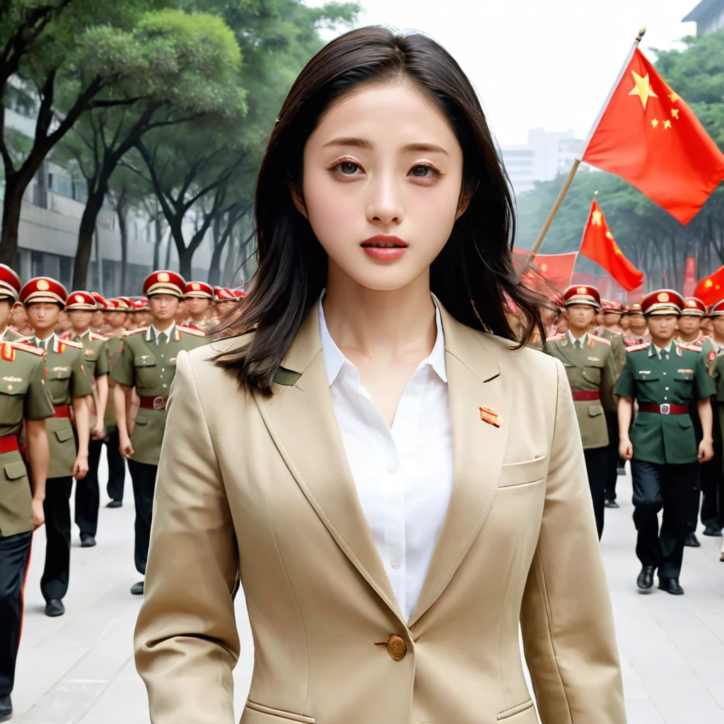 ((Highest quality)), ((masterpiece)), (detailed), （Perfect Face）、The woman is Satomi Ishihara, with black hair, wearing a khaki Mao suit, and has become a member of the Chinese Communist Party, a woman for China, and swears loyalty to the country.、Women are proud to love China and serve China, and are proud to join the ranks of honorable patriots who stand united and proudly march forward for the greatness of China.