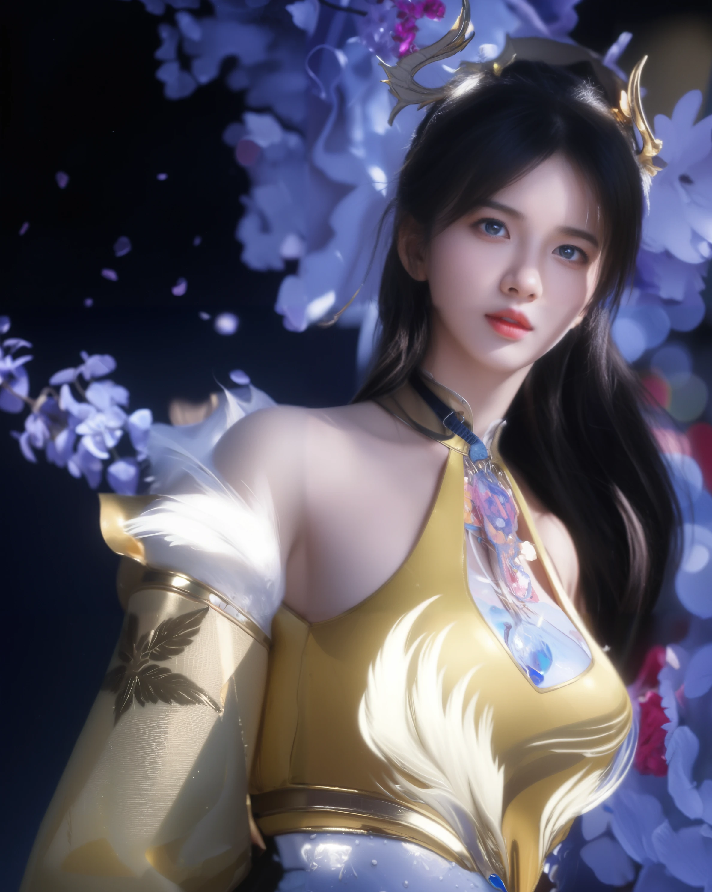 "Masterpiece, high quality, detailed, high resolution, 4k, 8k, realistic skin texture, amazing shadows, perfect lighting, hyper-realistic." A beautiful female warrior empress, cosmic lights, (Chinese brown eyes, eye shadow, gloves, white light skin, small breasts, toned abs), insane chinese city on the background, crown