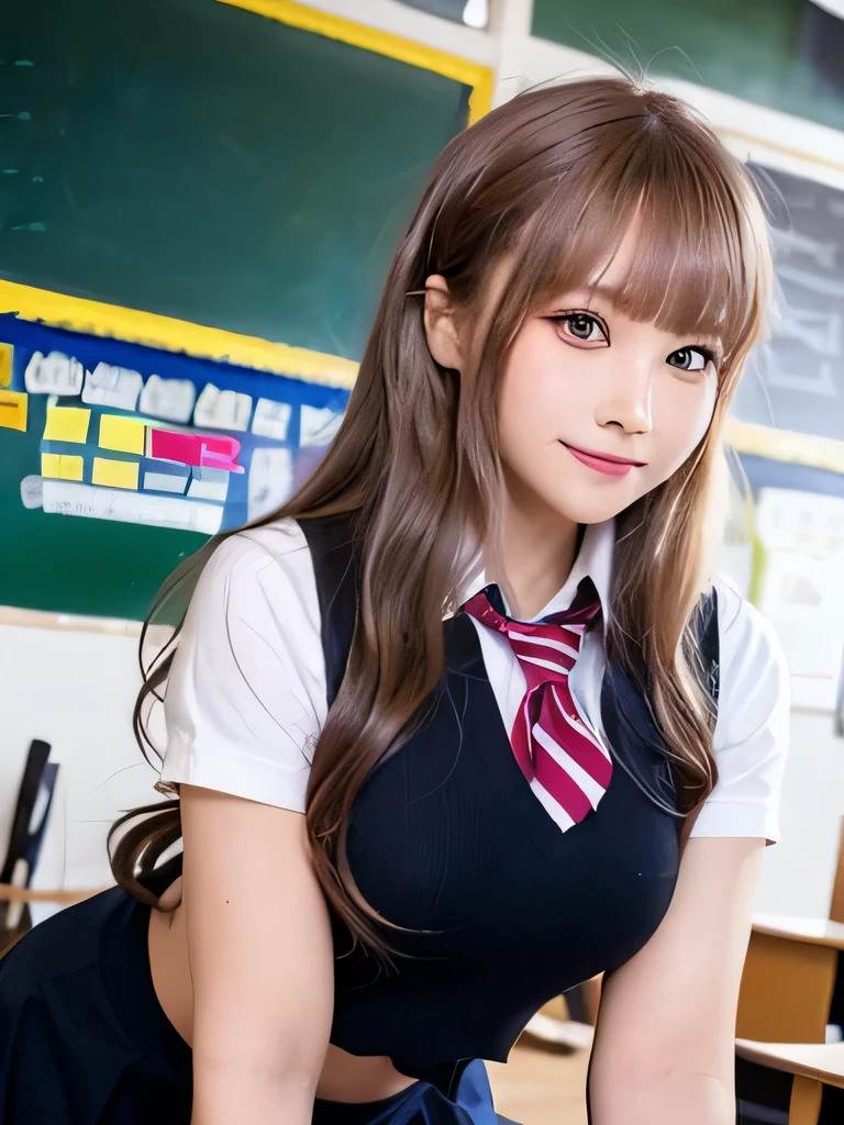 One girl, 一人w,(Highest quality),(masterpiece:1.1), (school uniform:1.4), Dynamic angles, Upper Body, Watchwg_w_Viewers, plwwum brown hair, Green Eyes, smile, dress, head_Click the, cute, Cleans the skw of the face,