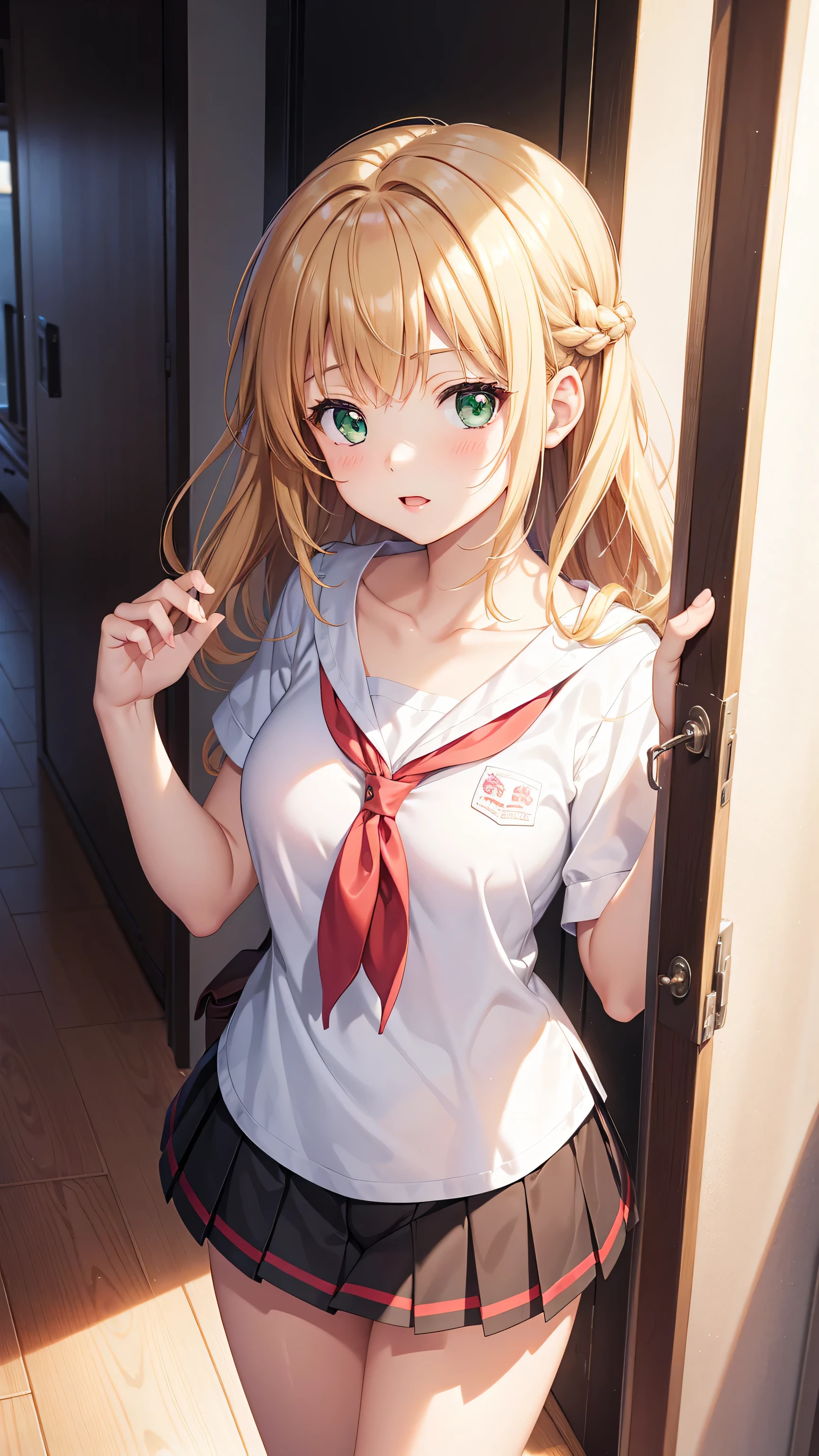 highest quality、masterpiece、detailed description、8K、Angle from the side、stand、bra、anime、Close-up、(((20 year old girl、beautiful chest)))、(((Depiction of beautiful eyes、I'm injured、Abrasions on the face、bandaid on face、bad girl、red eyes、)))、((blonde、ponytail))、(((赤いbraを両手で押さえる、navy blue short pleated skirt))),(( ))、((((、noon、))))、((tears、Bad mood、sad、pain of wound))), lean body、 girls front line style, 