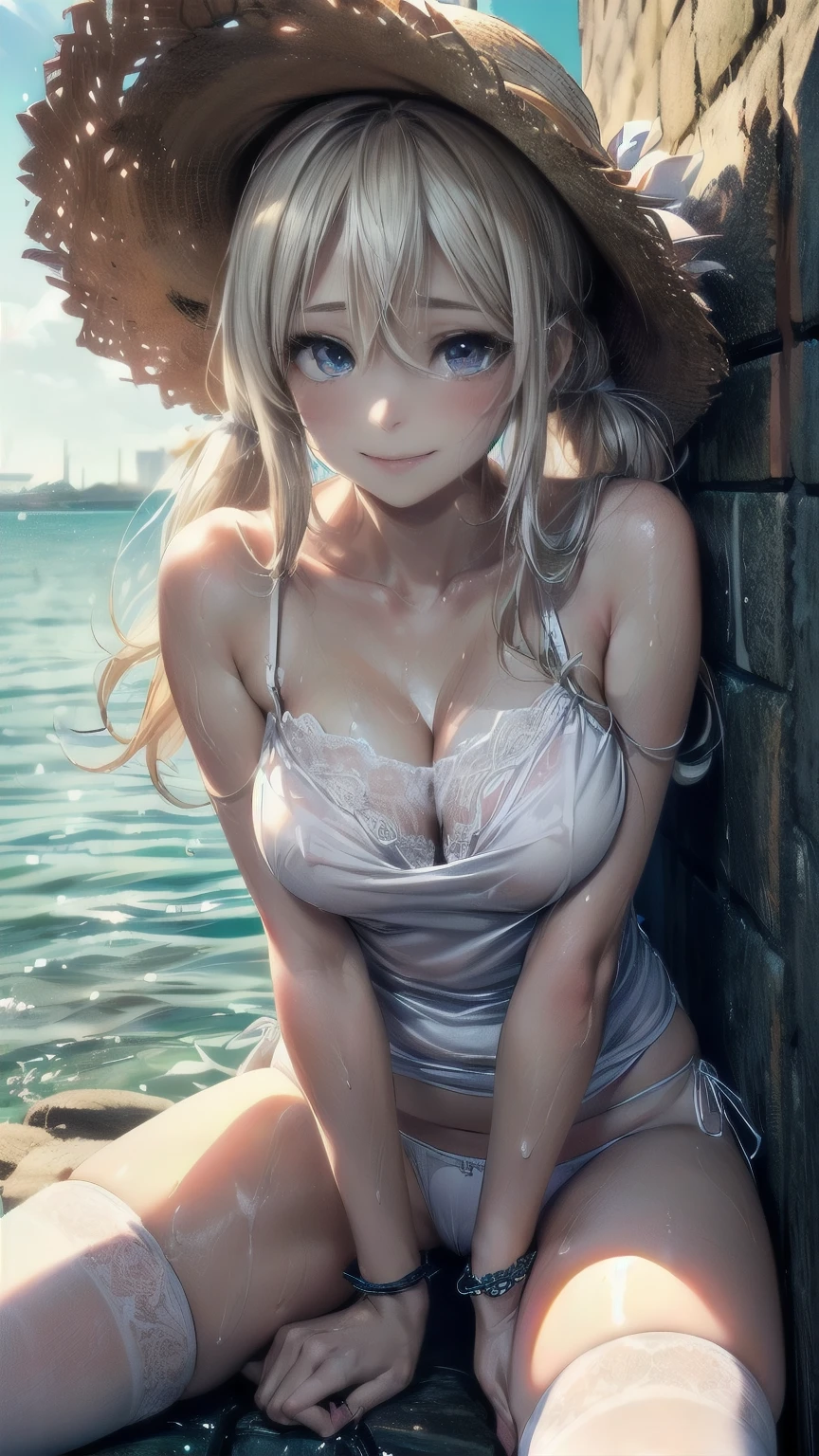 Anime girl in bikini with cat ears sitting on stairs, Gweitz, perfect Gray-haired girl, Gweitz masterpiece, Gray-haired, Enchanting anime girl, artwork in the style of Gweitz, Beautiful and attractive anime , Beautiful Anime girl, Beautiful Anime, Gweitz on pixiv artstation
