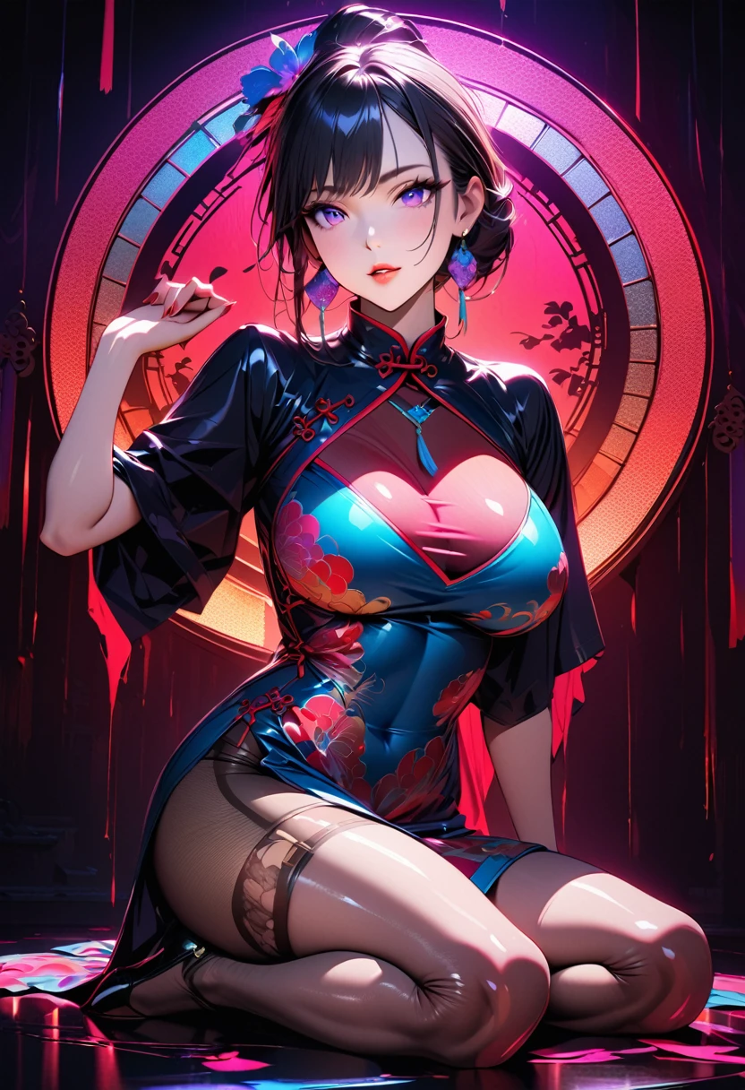 Young beautiful woman,(Highest quality,Extremely detailed depiction,Incredibly absurd high resolution,Anatomically accurate depiction,Glossのある肌,Porcelain-like skin,Curvy Legs),(Colorful gradient patterned Chinese dress:1.5,Gloss),pantyhose,Luxurious rainbow-colored earrings,necklace,eyelash,eye shadow,Glowing purple eyes,Large Breasts,Glossy lips,Shadowed face,A seductive smile,Seductive gestures,whole body:1.3,background:Chinese-style mansion,Dramatic lighting,Volumetric lighting,Healthy painting:1.5