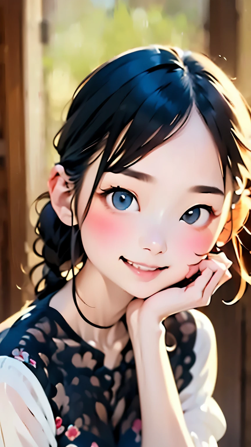 Watercolor，Little ピンクのVネックのシャツと白いショートパンツを着た漫画の若い***, Show your teeth and smile big, Big and pretty eyes, Cute Digital Painting, Cute digital art, Beautiful and detailed digital art, cute portrait, Cartoon Art Style, Very cute and stylish black haired girl, Cute realistic portrait, Cute cartoon style, (((Little))) Beautiful art, Realistic and cute girls