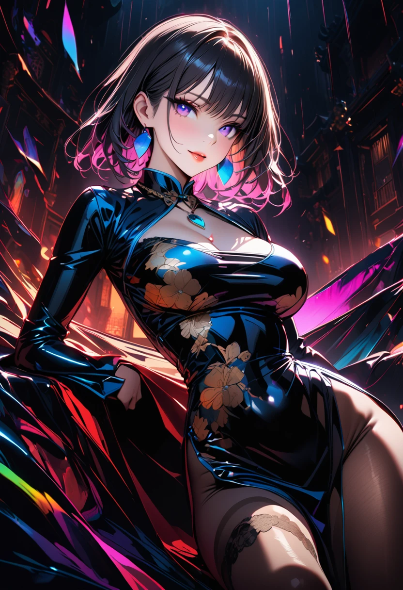 Young beautiful woman,(Highest quality,Extremely detailed depiction,Incredibly absurd high resolution,Anatomically accurate depiction,Glossのある肌,Porcelain-like skin,Curvy Legs),(Colorful gradient patterned Chinese dress:1.5,Gloss),pantyhose,Luxurious rainbow-colored earrings,necklace,eyelash,eye shadow,Glowing purple eyes,Large Breasts,Glossy lips,Shadowed face,A seductive smile,Seductive gestures,whole body:1.3,background:Chinese-style mansion,Dramatic lighting,Volumetric lighting,Healthy painting:1.5