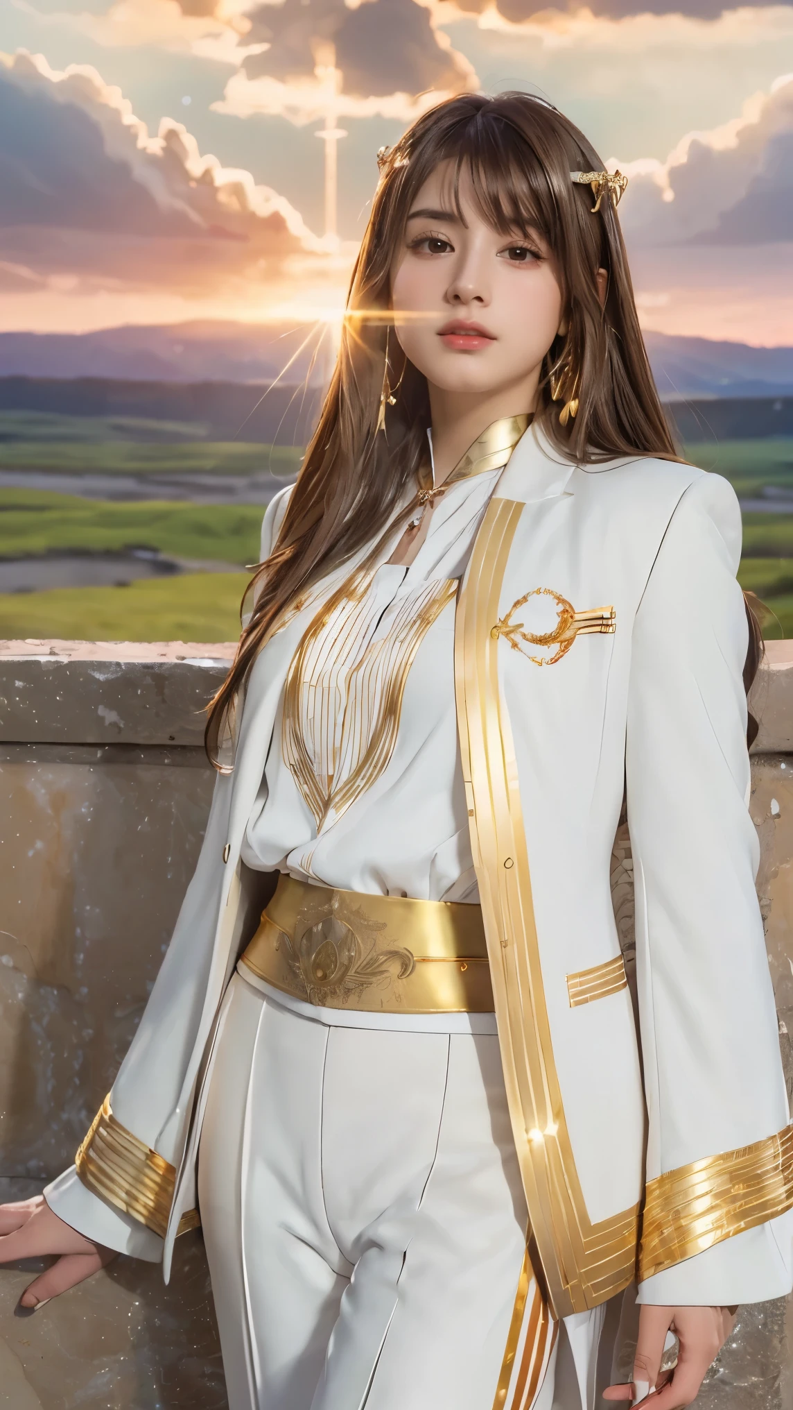 ((Masterpiece, best quality, very detailed), Volumetric light, surrounding occlusion, Rich and colorful, glow), 1 woman, lonely, young girl, (Brown bangs), long hair, radius, radius, sacred, goddess, Priesthood, (White suit with gold trim:1.3), armor, outdoor, sunset, sky, cloud, space, (Fantasy Theme:1.2),