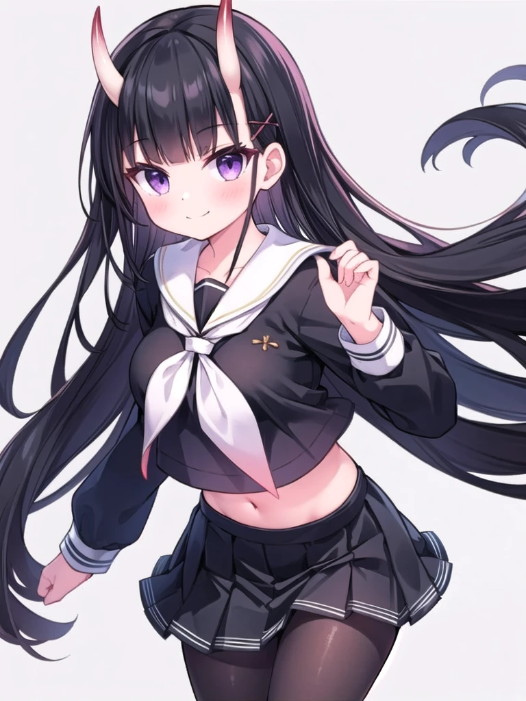 1girl, masterpiece, best quality, perfect hands, smile, blush, closed mouth, noshiro_azurlane, long hair, very long hair, horns, oni horns, black hair, purple eyes, bangs, blunt bangs, hair ornament, hairclip, breasts, x hair ornament, ((black serafuku)), ((black shirt)), white sailor collar, white bowtie, large breasts, black skirt, pleated skirt, black pantyhose, leg belt, thigh strap, long sleeves, straight hair, navel, midriff