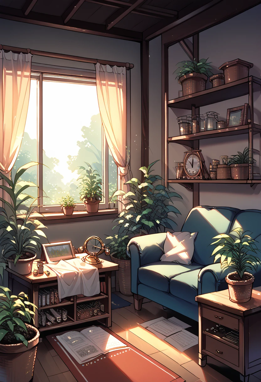 living room, sofa, window, curtains, dappled sunlight, plant in the pot, Table, cabinet,bookshelf, Paper, наTableьная лампа, typewriter, девушка сидит на sofaе