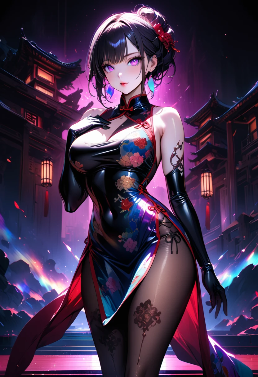 8k_wallpaper, extremely detailed eyes, extremely detailed body, (large masterpiece digital art), (detailed manga illustration), (detailed line art), ((perfect anatomy)), (intricate details:1.3), (ultra-detailed:1.3), (illustration:1.3), (sharp focus:1.3), (natural lighting:1.05), (vivid colors:1.3), (masterpiece), best quality, expressive eyes, perfect face, 1 girl, breasts, cleavage, gloves, large breasts, sarashi, traditional clothes, cerulean clothes, black hair, short hair, messy hair, dark brown eyes, hourglass physique, loose-fitting pants, dynamic pose, large ass, pale skin, shrine maiden, tomboy, combat boots