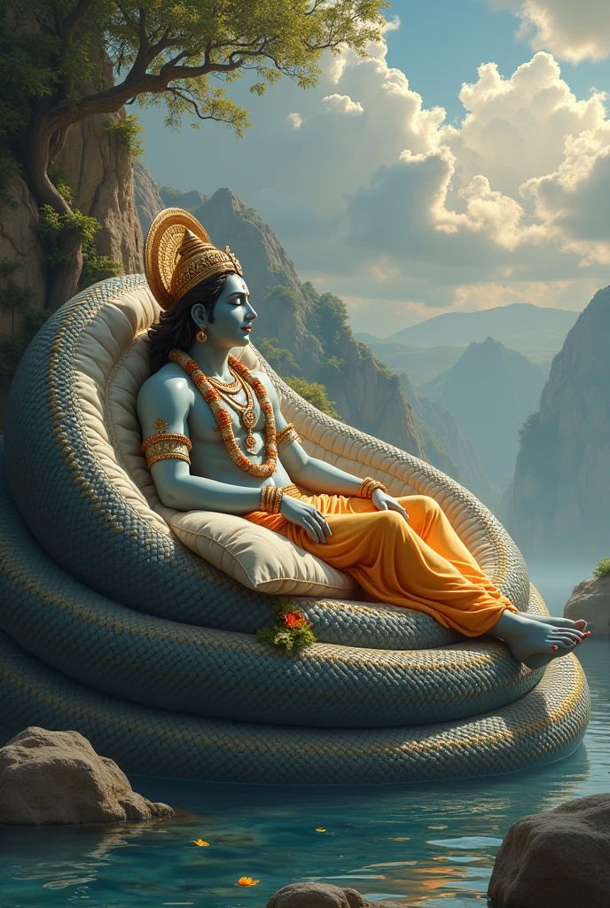 Lord visnhu sleeping on his snake on haven and gods around him
