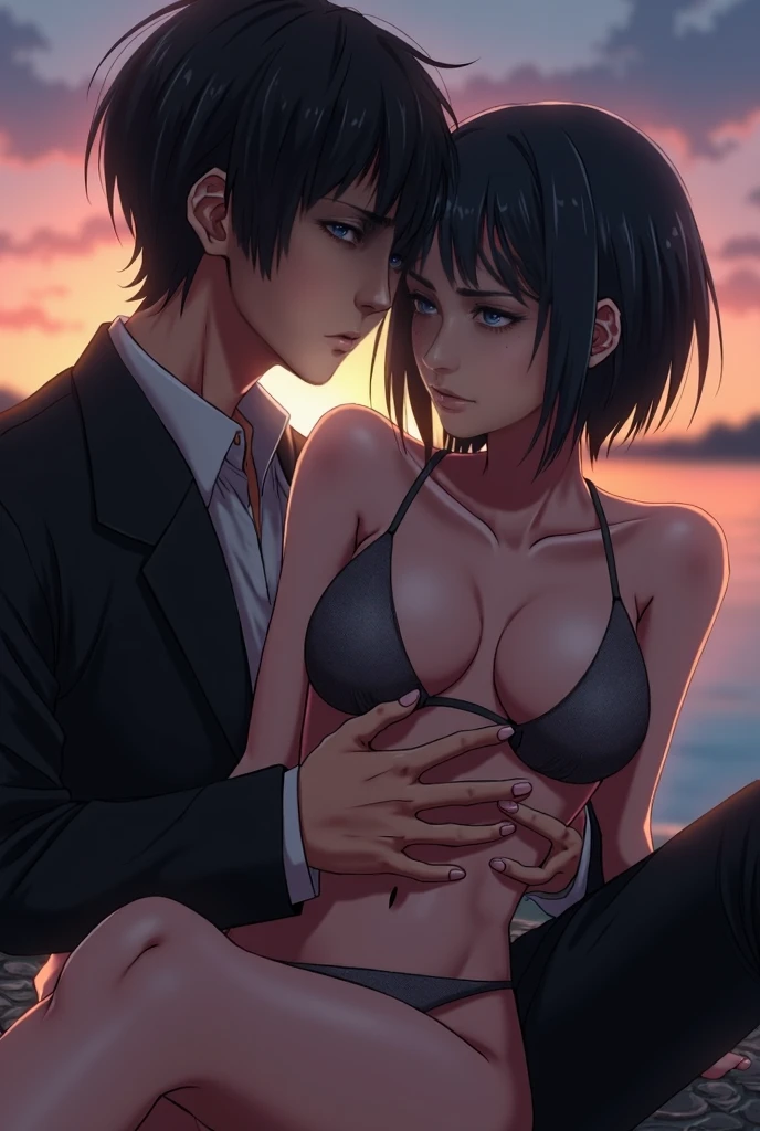 A couple together,A man with black hair and muscular physiques and abs, completely naked hugging that woman,a beautiful woman,Long black hair , completely naked, showing nipples and pussy, massive sized boobs, thigh legs,standing,blue colour eyes,ultra realistic detailed shiny blue eyes, beautiful and perfect face, sunlight and garden background, Violet Evergarden's hairstyle, black hair, bright blue colour eyes,