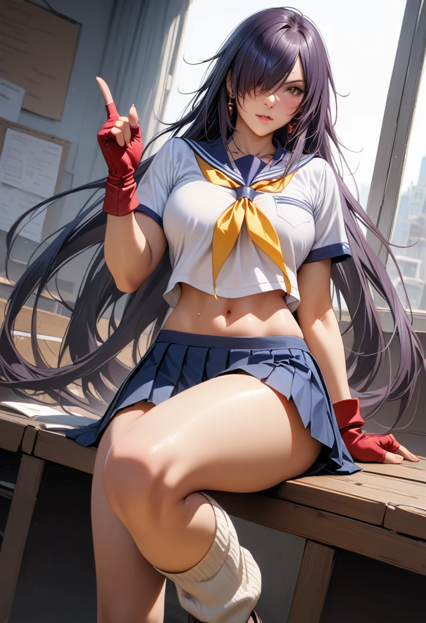 kanu,dark purple hair, hair over one eye, very long hair,school uniform,ultra miniskirt,red fingerless gloves, midriff,navel, loose socks, pleated skirt, yellow neckerchief, earrings, loafers,large breasts,perfect hands, perfect finger,perfect anatomy, masterpiece, best quality,realistic, hyperrealistic, 16k hdr,1 muscular girl,outdoor,high school,(fighting pose,dynamic pose,leg up:1.2),dynamic angle,upper body,serious,from below,sweat,(strong wind,upskirt,panty:1.2),cameltoe