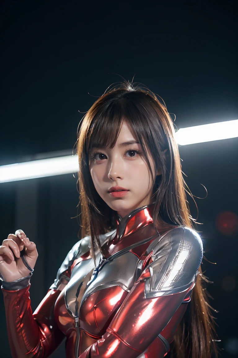 Ultraman、realistic、realistic、cinematic lighting, Girl in a shiny red and silver suit、、professional photos、Don&#39;Do not expose your skin, japanese model, japanese cgi、Ultraman Suit、, Power Rangers Suit、tight and thin cyber suit,Whole body rubbery、There&#39;s pink There、 delicate body, big breasts、small ass、thin thighs、thin arms、thin waist、camel toe、Both sides of the cyber suit stick to the skin、Big eyes、black short hair、facing the front、facing the front立っている、A glowing sphere is embedded in the chest.、Essay Examination、 blue sky background