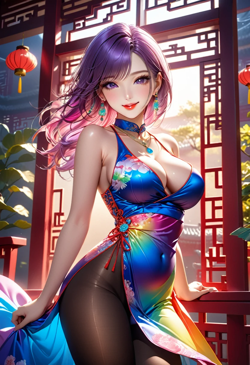 {Celestial hues, lofi, shiny aura, cute, black hair, ((pink eyes)), big pretty realistic eyes, ((Nezuko Komado)), (huge breasts), (cleavage), sexy, submissive, highly detailed, holographic glowing motifs, geometric, perfect composition , beautiful, perfect eyes, full lips, 96k, best quality, full shot ))) (masterpiece, top quality, best quality, official art, beautiful and aesthetic:1.2), (1girl:1.3), extremely detailed,(fractal art:1.1),(colorful:1.1),highest detailed,(zentangle:1.2), (dynamic pose), (abstract background:1.5), (gradient bodysuit:1.2), (shiny skin), (gold metallic:1.4), arms behind back, ((underboob)), sexy expression, submissive, blushing,