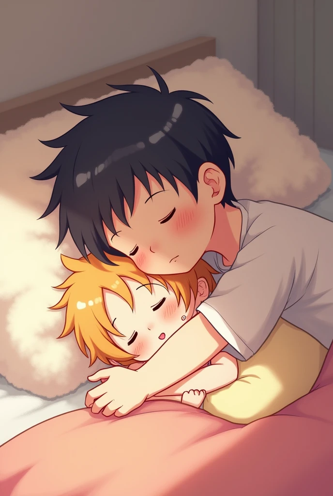  A boy about 2 with pale skin, Blue eyes and shoulder-length honey brown hair , Now holding a newborn baby with black hair and blue eyes, while lying in a hospital bed, anime style 