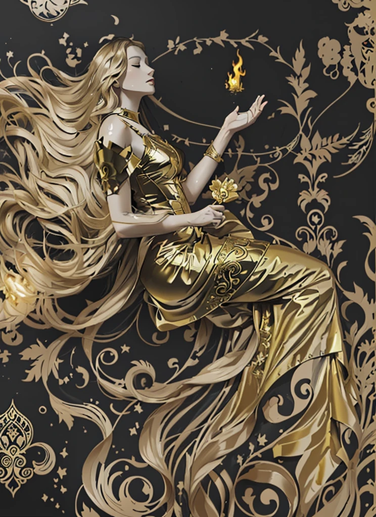 a renaissance gold line art woman  floating in air,  The goddess is wearing elegant dress and gracefully lying in the air. She has a long hair burning of fire 