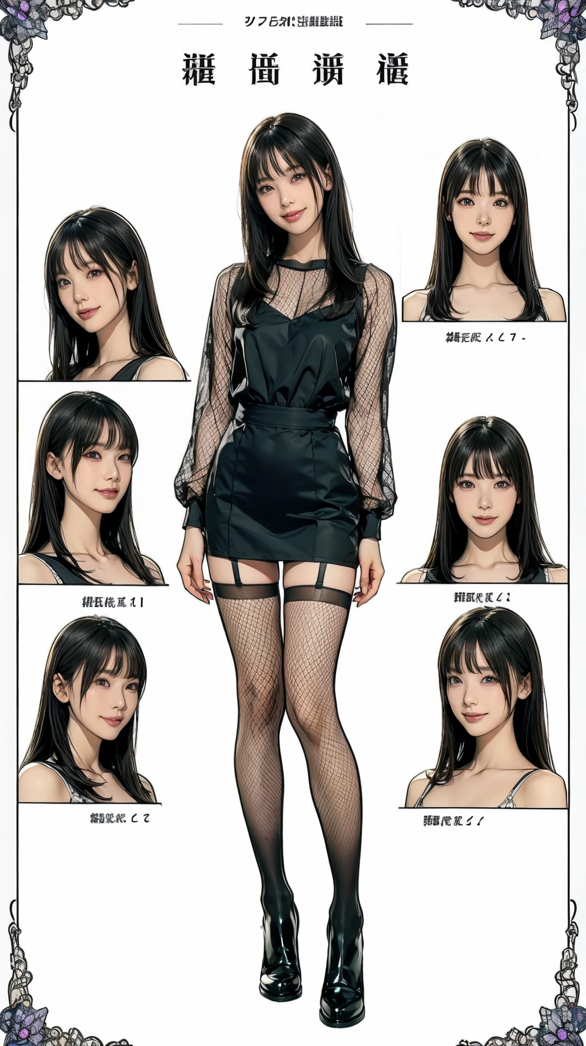 ((masterpiece)),(((Highest quality))),((Character design sheet)),Thin thighs,Long legs,Event Companion:1.5,The best smile:1.5,Full Body Shot:1.5,Blue sky and buildings:0.5,Wearing black thigh-high boots:1.5,NSFW:1.5,Sexy black mini skirt:1.5, Black Bikini Top:1.5