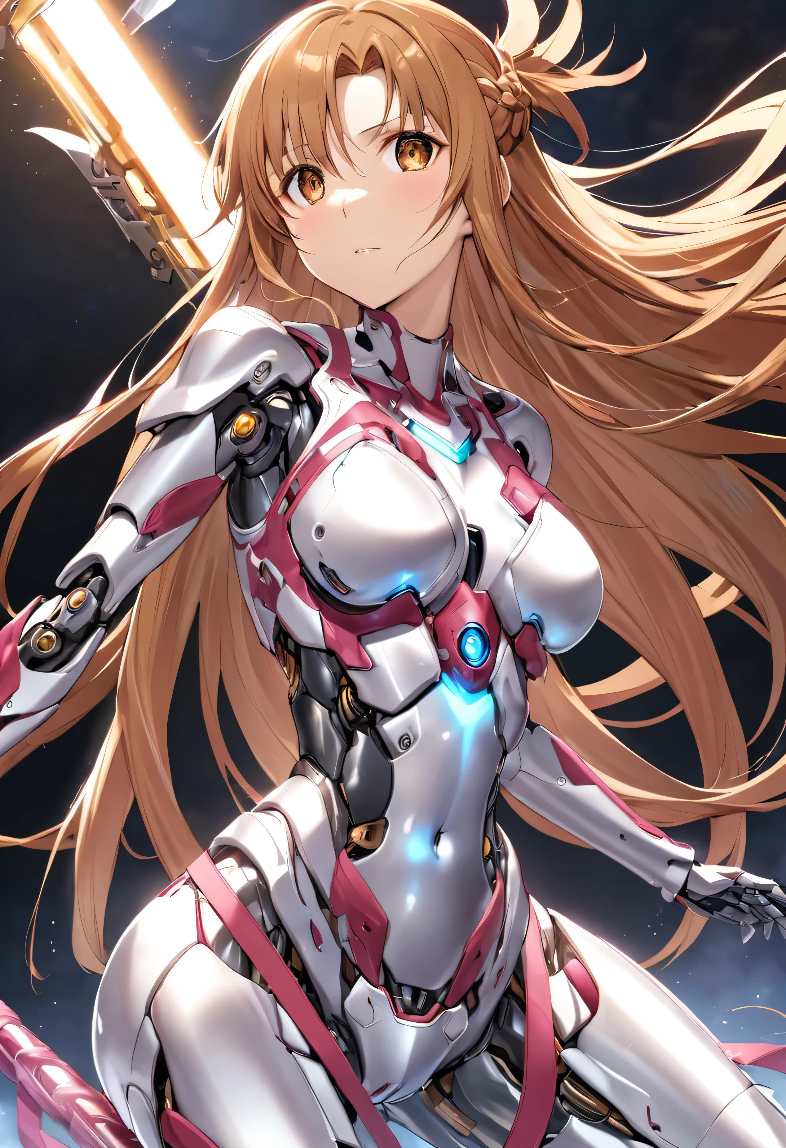 Female Combat Robot、Shiny metal body、As Yuuki, Long Hair, bangs, Brown Hair, Brown eyes, very Long Hair, Braiding、Feminine body lines、Composite armor covering the abdomen、(((Machine Eyes)))、Glowing Skin、