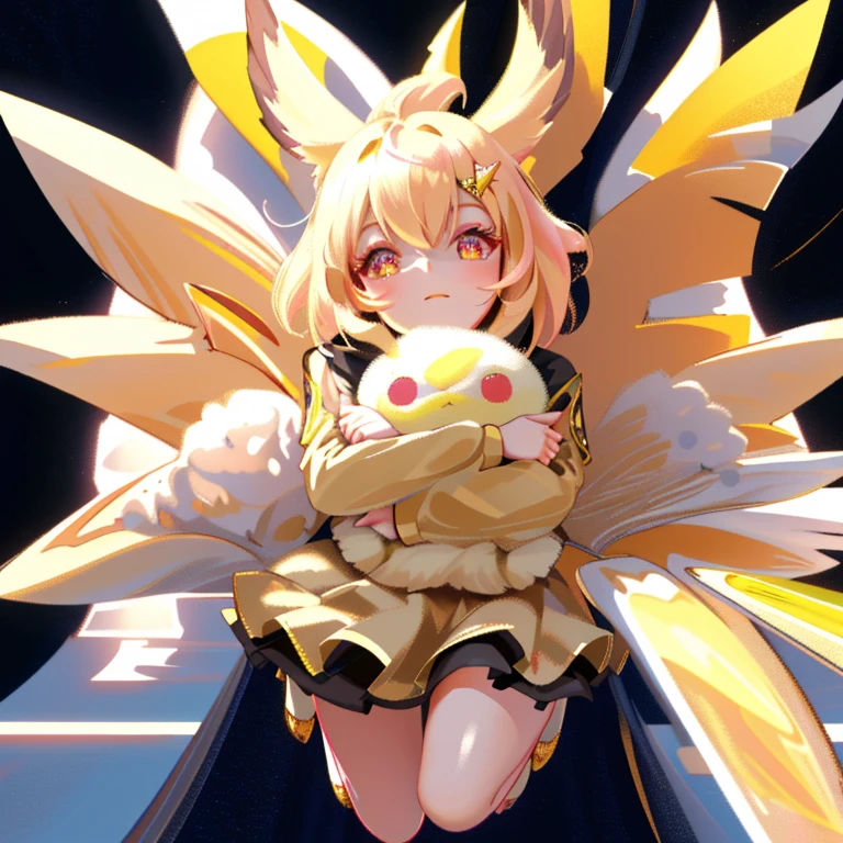 Gazer, (monster girl), pink skin, egg-yolk yellow hair, cracked scars, a dress made eggs with eyes and mouths on them, masterpiece, best quality