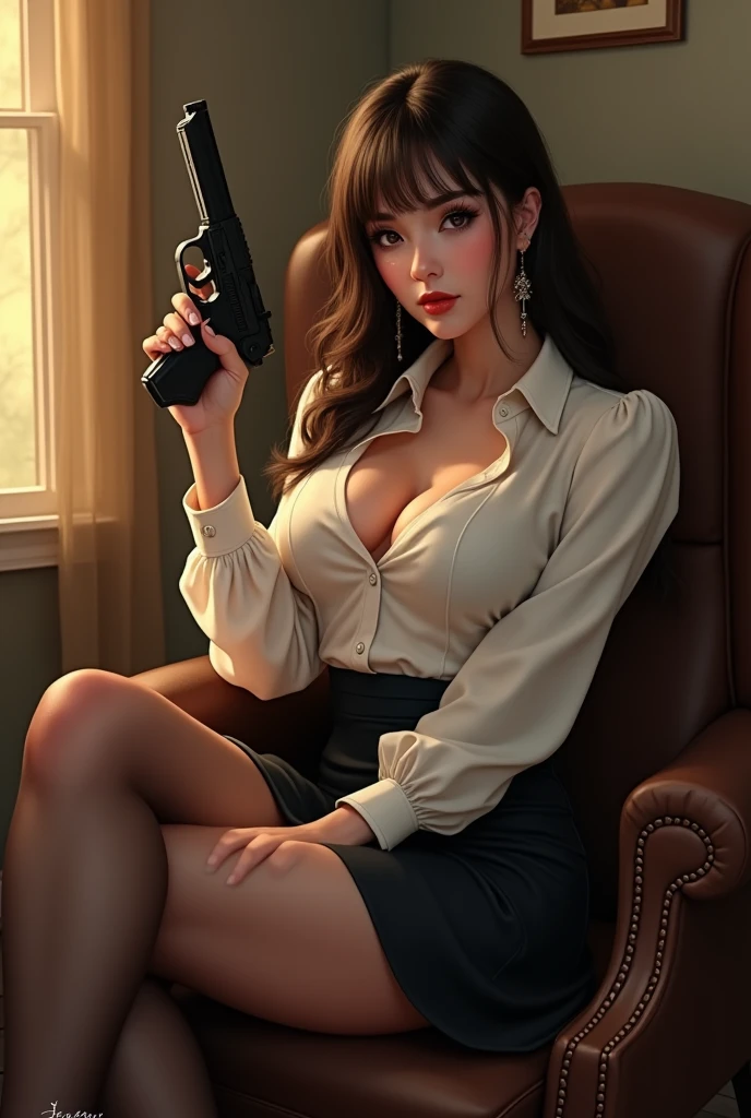 Sexy white korean animated Girl with a gun in her hand sittting in the chair with pose in her beautiful house