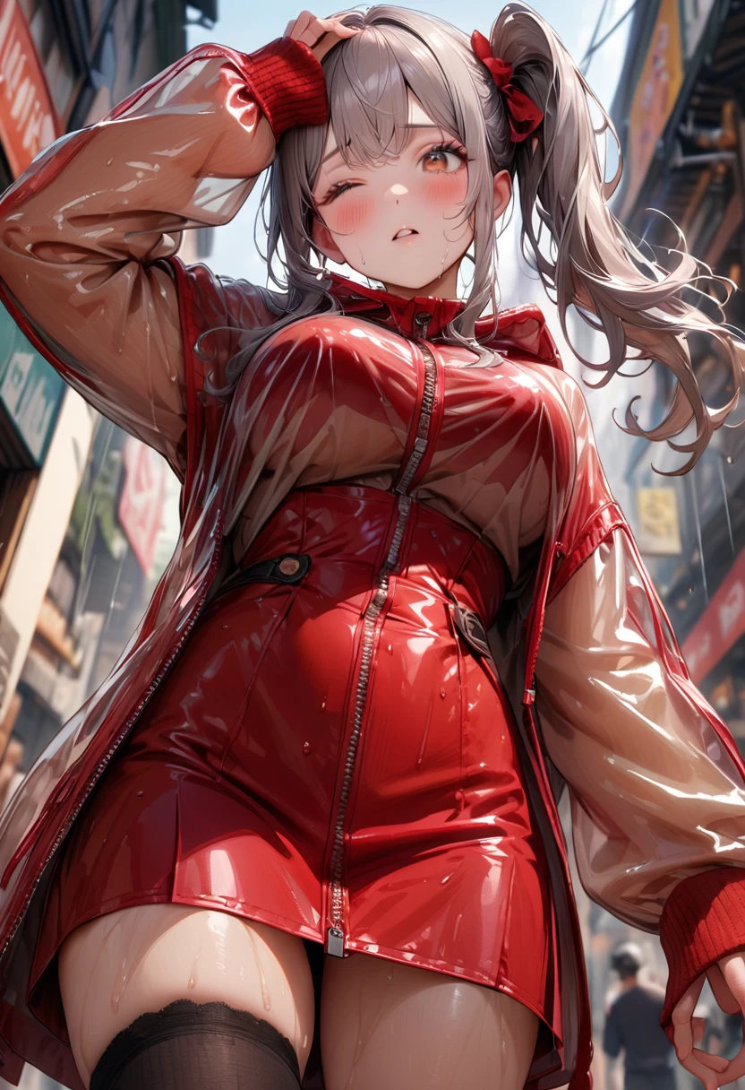 (best quality, masterpiece:1.2), 8k, very aesthetic, absurdres, high resolution, detailed face, official art, beautiful eyes, realistic, brown eyes, tareme, (side ponytail), swept bangs, long hair, silver hair, food, (zipper:0.1), put on oversized Transparent raincoat, (red pencil dress:1.2), medium breasts, (cleavage:0.8), Sleeves that cover the wrists, black thigh-highs, boots, (white panties, cameltoe:0.5), textured skin, BREAK zettai ryouiki, hand on own head, head tilt, one eye closed, parted lips, sigh, blush, sweaty, rain, cowboy shot, from below, (dutch angle:0.6)