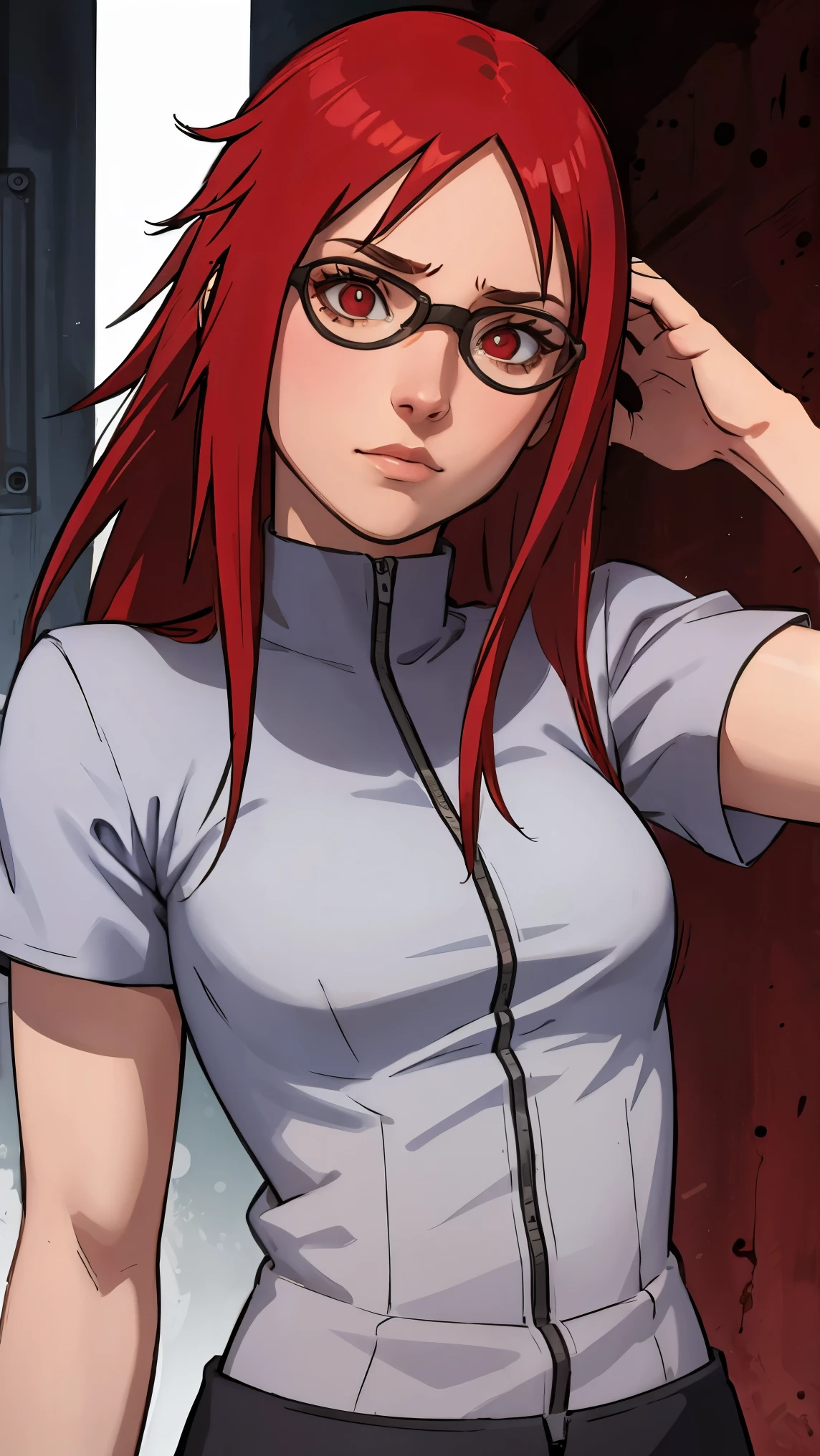 Lifting shirt showing bra wearing glasses red eyes red hair
