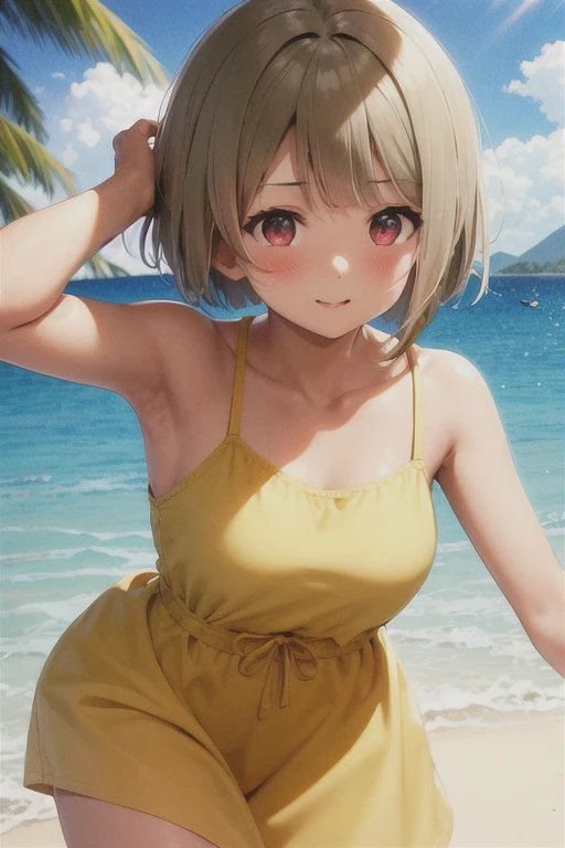 Tanned hair，Bobcut，short hair，ワンレングスBobcut，Asymmetrical Hairstyles，Long left hair，Red Eye，nakasu kasumi，Yellow camisole dress，Strong winds，Panty shot，Blushing face