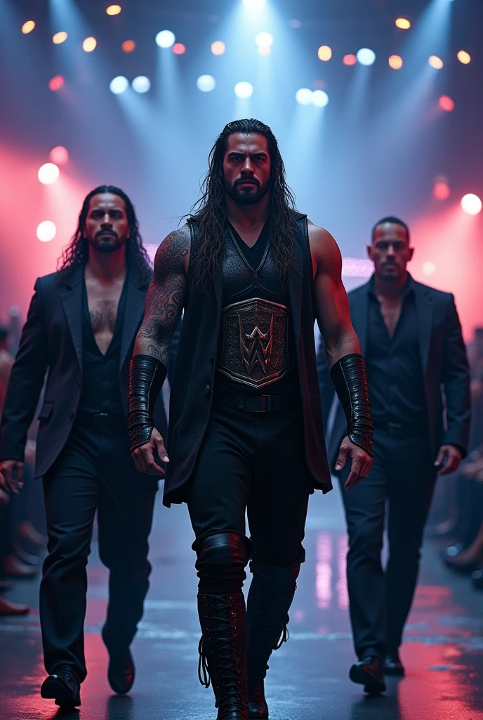 Image: Seth Rollins, Roman Reigns, and Dean Ambrose putting their fists together

Descriptive keywords: Power and friendship

Photographic style: Anime

Tone: Epic

Object: Lightning and fire

Action: The lightning strikes and the fire burns around the trio as they unite, symbolizing their collective strength and unbreakable bond that ignites a powerful force within them.