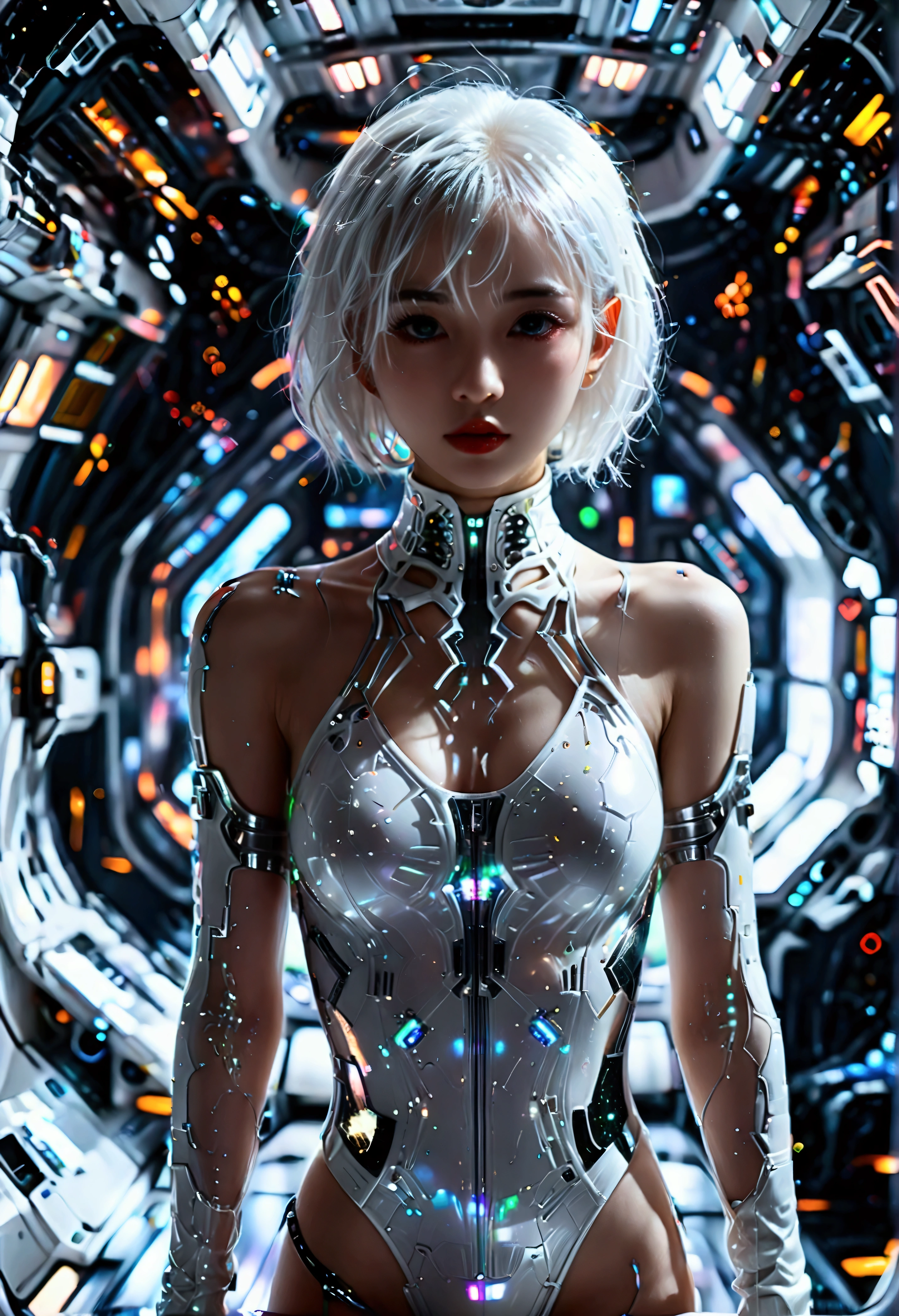 crystal covered, upper body, side shot, alternate color, masterpiece, detailed illustration, realistic, pixiv top quality, exquisite, {{{kawaii 1girl}}}, ultra beauties who fuse with machines, elaborate shabby chic pattern, glitter beautiful female, Half of my body is made of machines, transparent glass body, The machines inside the body are transparent, cinematic lighting, dynamic angle, dynamic pose, crystal world, depth of field，Full body portrait
