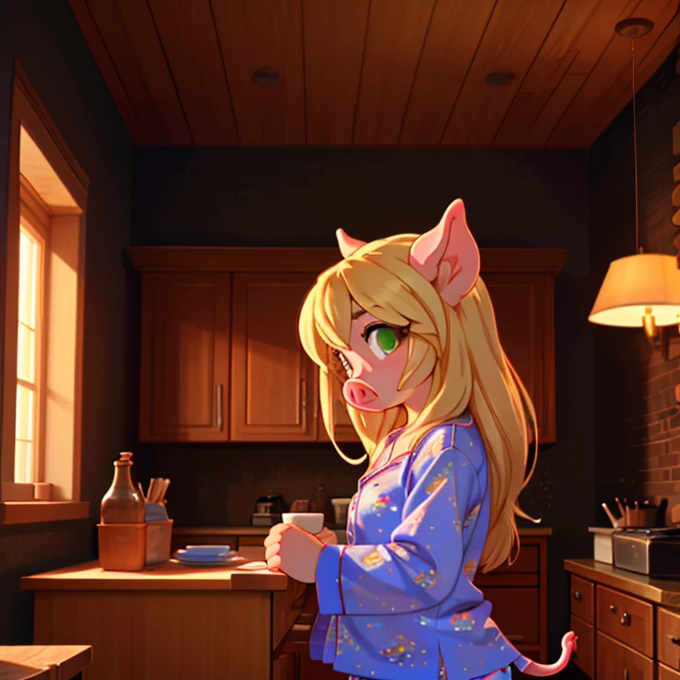 (great lighting), (masterpiece), (best quality), (superior details), anthropomorphic, (pig), female, beautiful, attractive, long blonde hair, pajamas, big eyes, green eyes, (looking for clothes in wardrobe), throwing clothes, sleepy, (side view),