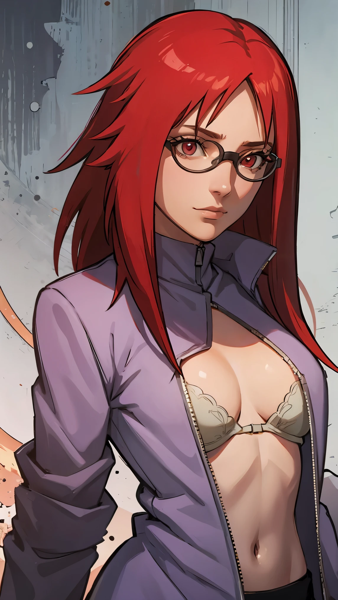 Open shirt showing bra wearing glasses red eyes red hair