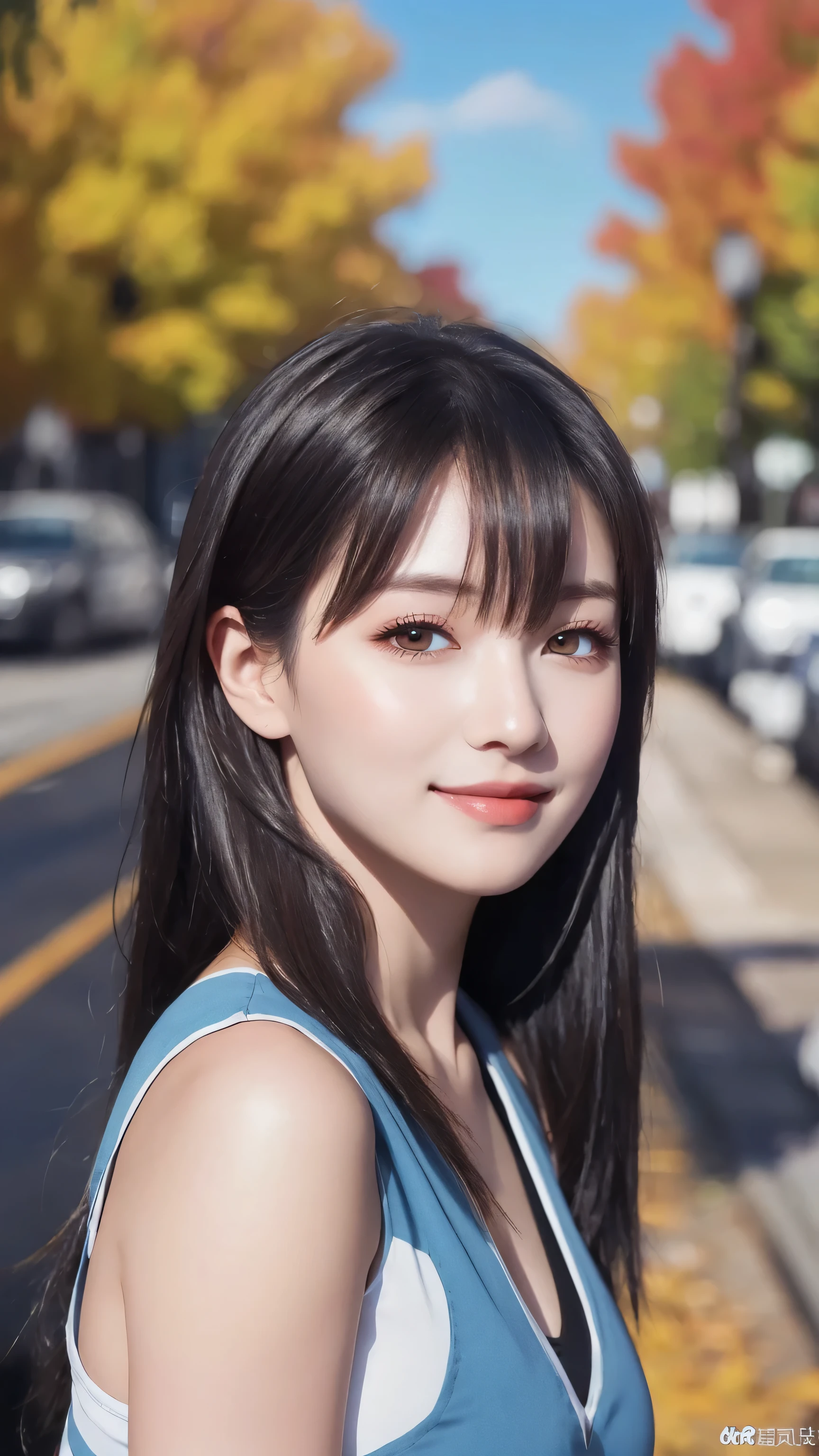 (8k, RAW Photo, Best Quality, Masterpiece:1.2), table top, Ultra Detail, Super Resolution, (Realistic, Realistic Photo:1.37), Portrait, High Detail RAW Color Photo, Professional Photo, Extremely Detailed and Beautiful, Extremely detailed, 8k wallpaper, amazing and detailed, huge file size, official art, highly detailed CG unity 8k wallpaper, highly detailed beautiful girl, highly detailed face, highly detailed eyes, highly detailed skin, highly detailed fingers, highly detailed nose, very detailed detailed mouth , perfect anatomy, highly detailed background, highly detailed clothes, 1girl, (1 girl), cute girl, realistic body, fair skin, glowing skin , slim body, handsome body, black hair , semilong hair, (blunt bangs:1.2), smile, cute, youthful, cute face, realistic face, delicate eyes, drooping eyes, looking at viewer, facing front, standing posture, Contraposto, (large breasts), (Perfect Body Proportions), (slender Body Proportions), super sexy pose, (early fall fashion),