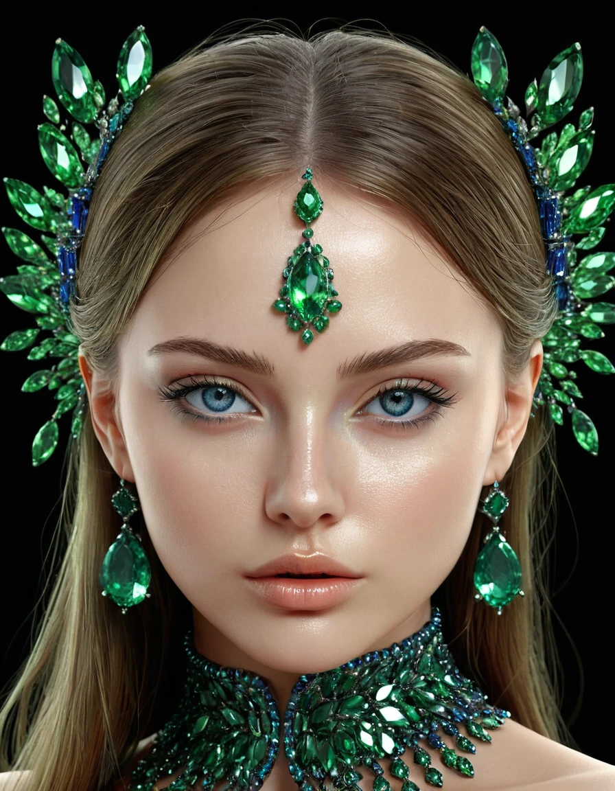 an exotic woman with deep blue eyes, green emeralds, stunning digital art, complicated digital art, 3 d digital art, 3d digital art, complicated digital artwork, Advanced 3D digital art, amazing detailed digital art, digital complicated art, Detailed 3D digital art, amazing digital art, 4k full body shot, 4k 