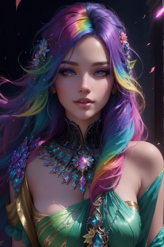 The image you provided appears to be a digital artwork featuring a character with vibrant, multi-colored hair holding a crystal. The background is filled with colorful elements like rainbows and flowers, creating a whimsical and fantastical atmosphere.front face,from the chest up,Big eyes.
Waiting to start 

