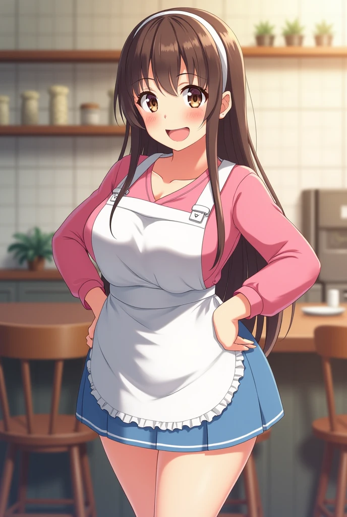 Anime Housewife with long brown hair, red apron and red eyes 2, grinning with eyes closed, curvy and big cup size, skinny waist