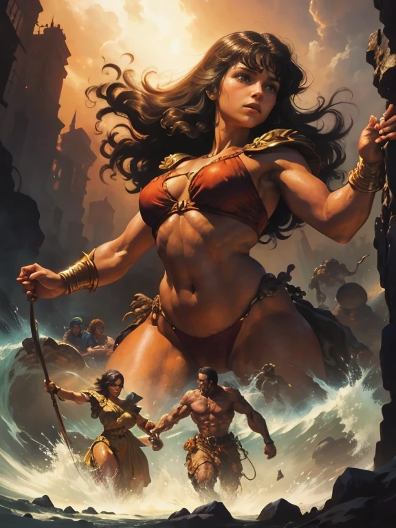 a painting of a woman and two men fighting over a giant monster, mark brooks frank frazetta, by Earl Norem, frank frazetta manga style, frank frazetta style, by Tim Hildebrandt, by Patrick Woodroffe, frazetta, frank frazetta8k, frank frazetta style painting, barsoom, old - school dark fantasy art