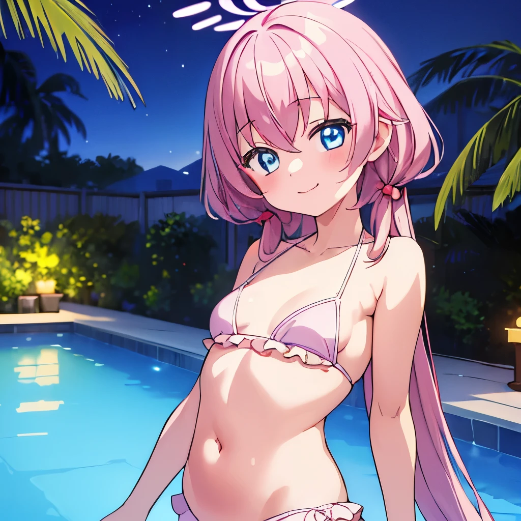 ((masterpiece)), ((best quality)), (ultra-detailed), pool, night, a cute girl, 1girl, solo, bikini, ((beautiful eyes)), smile, small breast, beautiful pink hair