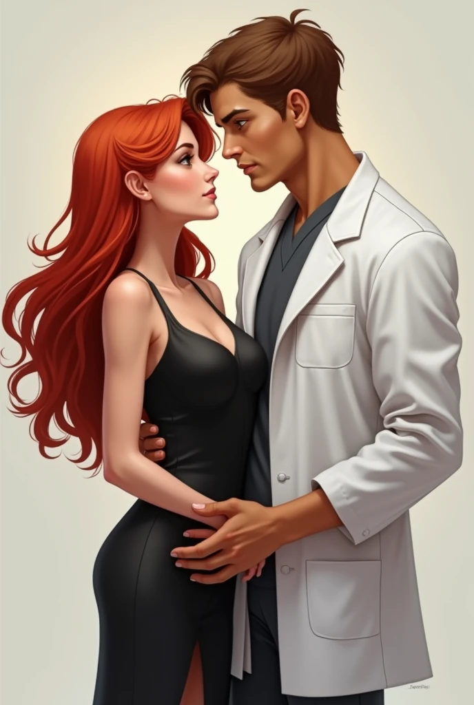 Female doctor examining the groin of a strong, hairy red-haired man in navy blue underwear.