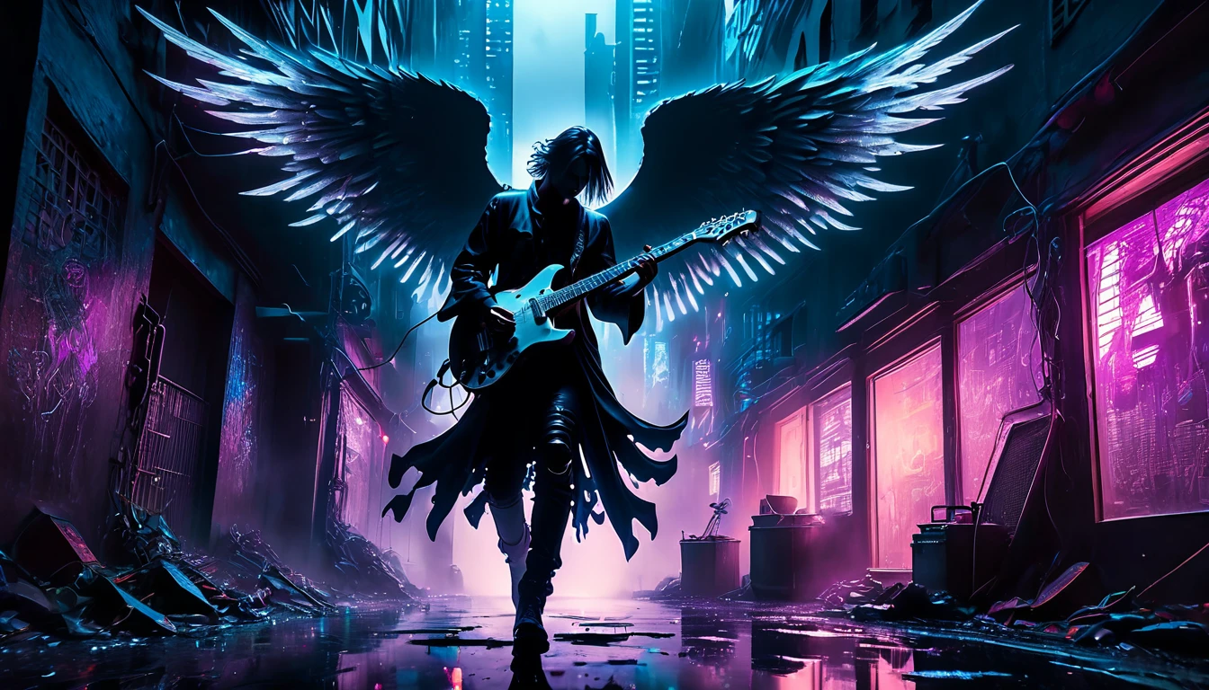 
Back alleys of Cyberpunk City、A man with angel wings playing an electric guitar、A mesmerizing Dark fantasy illustration captures the essence of a hauntingly beautiful guitar, Its silhouette is、Standing out against the inky black background, it is highlighted.. An electric guitar with white wings spreading out from the body on both sides、Bathed in chilled supernatural light, Emitted from the enigmatic, A source from another world. This eerie illumination、Creates a mysterious atmosphere, The contrast of light and shadow、Doubling the captivating ambiance. The scene's fantastical glow and mystical aura、Transports the viewer to a world of fantasy and wonder, making this captivating illustration a true masterpiece of Dark fantasy art. Intricate details and enchanting aura、It will leave a lasting impression on all who behold it., Dark fantasy 