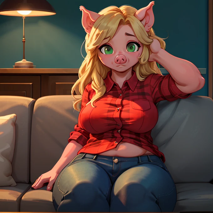 (great lighting), (masterpiece), (best quality), (superior details), anthropomorphic, (pig), female, beautiful, attractive, long blonde hair, big breasts, thick thighs, red plaid shirt, short jeans, wearing brown boots, sitting on sofa, looking down, big eyes, green eyes, sleepy, (front view),