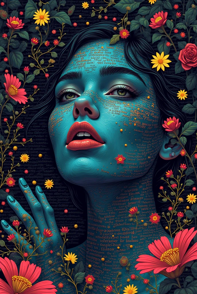 Nathalie Portmann, 25 ans, seductive look, sourire romantique, fine, brune, yeux verts, masterclass, 8K, UHD, HD, High quality, sexy, bodypainting, dans un atelier de peinture, tableaux, peinture partout sur le mur, motif de fleurs sur la peau, topless, bodypainting, motif de tableau de la renaissance, impressionnisme, tableau renaissance peint sur le corps