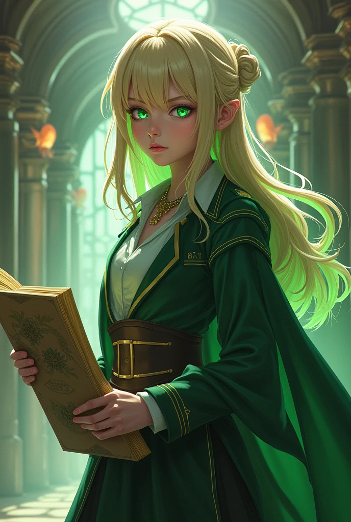 a girl holding a book, a green monster with horns beside her, illustrations, vibrant colors, beautiful detailed eyes of the girl, detailed lips of the girl, ultra-detailed, high-res, photorealistic, fantasy, dark fantasy, magical, dream-like lighting, surreal, mystical atmosphere, enchanted garden, whimsical, ethereal, hauntingly beautiful, soft pastel tones, soft and warm lighting, intricate details, intricate patterns on the monster's skin, vibrant green color, contrasting colors, mysterious background elements, atmospheric, slightly hazy, depth of field, fine brushwork, digital painting, masterful strokes, intricate textures, visually stunning, otherworldly, captivating, imaginative.