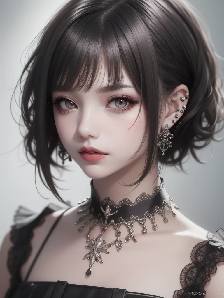 <lora:niji_jelly:0.8>, cute, ultra-detailed, illustration, intricate, detailed, extremely detailed, detailed face, soft lighting, soft light, soft focus, perfect face, beautiful, accurate anatomy, overexposure, 8k, 4k, (highres:1.1), best quality, (masterpiece:1.3), 1girl, solo, black hair, jewelry, looking at viewer, gothic, earrings, head tilt, collar, fishnets, bangs, parted lips, piercing, ear piercing, lips, upper body, brown eyes, short hair, makeup
